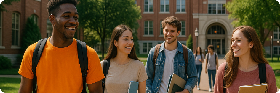 Four students walking on college campus