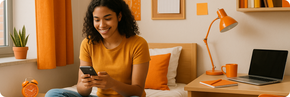 Woman sitting on bed and texting